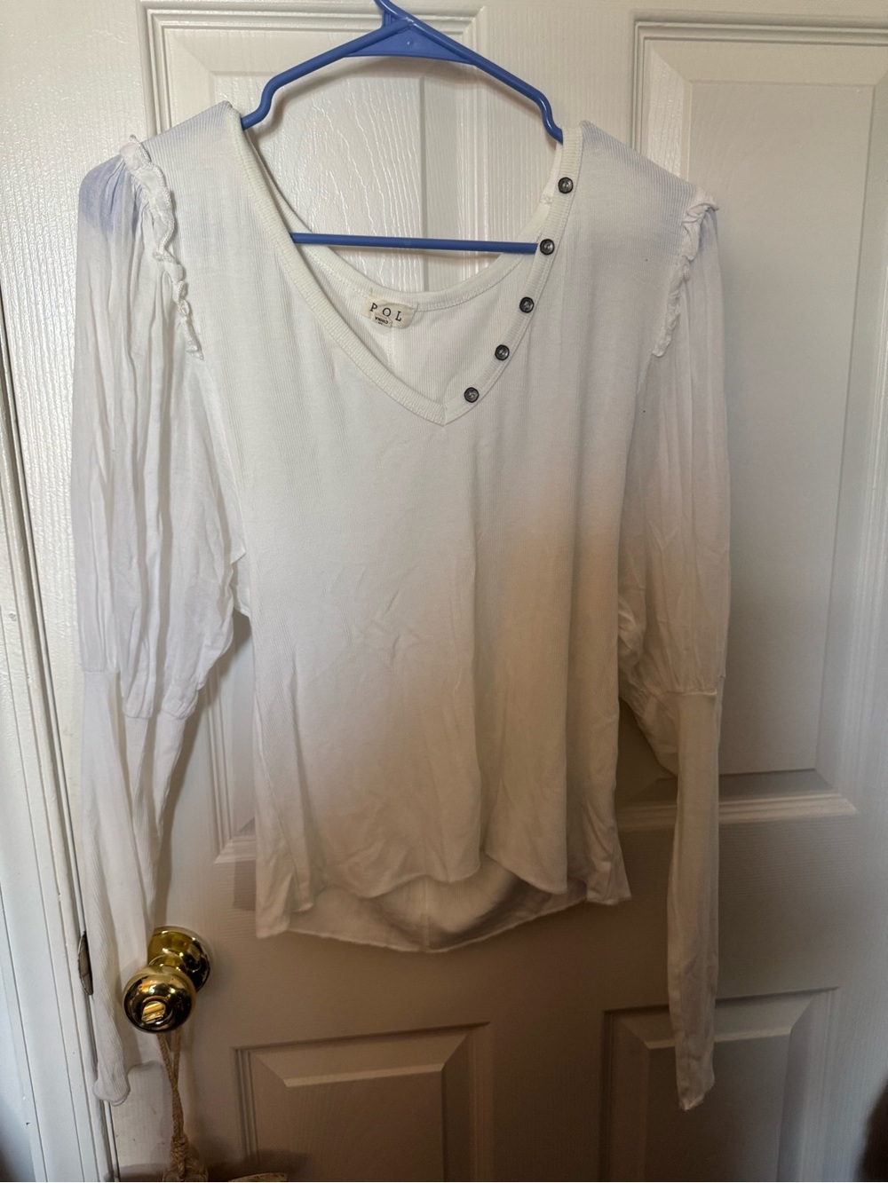 POL White V-Neck Long Sleeve Top with Asymmetric Button Detail